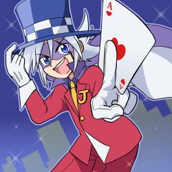 Rule 34 | 1boy, ace (playing card), ace of hearts, between fingers, blue eyes, blue hat, cape, card, checkered clothes, checkered headwear, city, gloves, hat, heart, holding, jacket, joker (kaitou joker), kaitou joker, kenhichi, male focus, mask, necktie, open mouth, pants, playing card, purple cape, purple mask, purple shirt, red jacket, red pants, shirt, solo, spade (shape), teeth, top hat, upper teeth only, white gloves, white hair, yellow necktie
