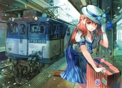 Rule 34 | 1girl, adjusting clothes, adjusting headwear, arm support, backpack, bag, blouse, blue skirt, breasts, collarbone, flower, gloves, hat, hat flower, hat ribbon, leaning forward, light particles, long hair, looking at viewer, matching hair/eyes, neckerchief, orange eyes, orange hair, original, parted lips, pleated skirt, puffy short sleeves, puffy sleeves, ribbon, rioka (southern blue sky), sailor collar, shirt, short sleeves, skirt, solo, sticker, suitcase, tactile paving, train, train station, twintails, white gloves, white hat, white shirt