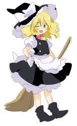 Rule 34 | 1girl, ;d, ankle boots, apron, arm at side, bad source, black dress, black footwear, black hat, blonde hair, boots, bow, broom, dress, fang, frilled hat, frills, full body, hair bow, hair over shoulder, hand on own hip, hat, hat bow, holding, holding broom, kirisame marisa, large bow, long hair, looking at viewer, machiko (beard), one eye closed, open mouth, petticoat, pinafore dress, pink bow, puffy short sleeves, puffy sleeves, short sleeves, simple background, sleeveless, sleeveless dress, smile, solo, standing, toes up, touhou, waist apron, white apron, white background, witch, witch hat, yellow eyes