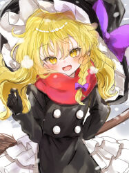 Rule 34 | 1girl, :d, black gloves, black hat, blonde hair, bow, braid, broom, frilled skirt, frills, gloves, hat, hat bow, highres, kirisame marisa, long sleeves, looking at viewer, open mouth, purple bow, scarf, shinonome (ichigotsuki), side braid, single braid, skirt, smile, solo, touhou, white skirt, witch hat, yellow eyes