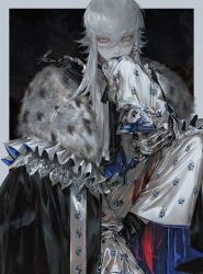 Rule 34 | 1boy, absurdres, asclepius (fate), au (d elete), black cloak, black coat, blue eyes, border, cloak, closed mouth, coat, commentary request, earrings, fate/grand order, fate (series), fur-trimmed cloak, fur trim, grey border, grey hair, hair between eyes, hand to own mouth, highres, jewelry, lips, long hair, long sleeves, looking at viewer, male focus, multicolored hair, outside border, pants, red hair, shirt, sidelocks, signature, sleeves past fingers, sleeves past wrists, solo, twitter username, white pants, white shirt, wide sleeves