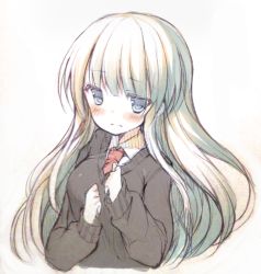 Rule 34 | 1girl, blazer, blue eyes, blush, collared shirt, dress shirt, jacket, long hair, long sleeves, looking at viewer, necktie, red necktie, shirt, simple background, smile, solo, upper body, white background, white hair, white shirt, yamucha