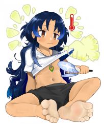 Rule 34 | 1girl, absurdres, arknights, barefoot, blue hair, blush, brown eyes, conviction (arknights), feet, highres, long hair, menthako, shorts, sitting, soles, solo, sweatdrop, toes
