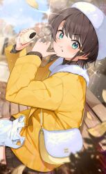 Rule 34 | aqua eyes, bag, bench, blurry, blurry background, blush, brown hair, brown sweater, choppy bangs, coat, commentary request, cropped legs, eating, falling leaves, food, food on face, frown, hat, holding, holding food, hololive, leaf, looking at viewer, narita tamezou, oozora subaru, park, park bench, plastic bag, short hair, shoulder bag, sidelocks, sitting, sparkle, sweater, swept bangs, tree, virtual youtuber, white bag, white hat, wooden bench, yellow coat