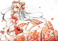 Rule 34 | 10s, 1girl, alternate costume, amatsukaze (kancolle), bad id, bad pixiv id, blurry, blush, brown eyes, dango remi, depth of field, dress, earrings, elbow gloves, flower, frilled dress, frills, gloves, hair flower, hair ornament, hair tubes, heart, heart earrings, jewelry, kantai collection, puffy sleeves, ribbon, silver hair, simple background, skirt hold, smile, solo, white background