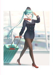 Rule 34 | 1girl, 39, :d, absurdres, aircraft, airplane, aqua eyes, aqua hair, black pantyhose, blue hat, blue jacket, blue skirt, blurry, blurry background, breasts, flight attendant, formal, full body, garrison cap, glass, hair between eyes, hat, hatsune miku, high heels, highres, holding, holding suitcase, jacket, long hair, long sleeves, looking at viewer, miniskirt, open mouth, pantyhose, pencil skirt, red footwear, salute, scarf, shoes, sinyamato96, skirt, skirt suit, small breasts, smile, solo, stiletto heels, suit, suitcase, travel attendant, twintails, uniform, vocaloid, walking