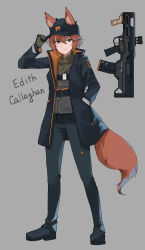 Rule 34 | 1girl, absurdres, animal ears, assault rifle, baseball cap, battle rifle, black footwear, blue eyes, blue jacket, blue pants, bullpup, character name, closed mouth, desert tech mdr, dreadtie, edith connie callaghan, fox ears, fox girl, fox tail, gloves, grey background, grey gloves, grey shirt, gun, hand in pocket, hat, highres, jacket, long sleeves, looking at viewer, magazine (weapon), open clothes, open jacket, orange hair, original, pants, rifle, shirt, short hair, simple background, smile, solo, standing, tail, weapon