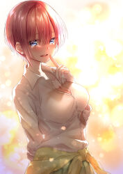 Rule 34 | 1girl, absurdres, aki kakao, arm behind back, blue eyes, breasts, cleavage, clothes around waist, collarbone, crying, crying with eyes open, earrings, finger to mouth, go-toubun no hanayome, green skirt, highres, jewelry, long sleeves, looking at viewer, medium breasts, nakano ichika, open mouth, pink hair, shirt, short hair, skirt, solo, sweater, sweater around waist, tears, white shirt