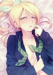 Rule 34 | 10s, 1girl, ayase eli, bed sheet, blazer, blonde hair, blush, bow, bowtie, clothes grab, collared shirt, hair bow, half-closed eyes, hand to own mouth, highres, jacket, looking at viewer, love live!, love live! school idol project, lying, navel, necktie, on back, open clothes, open shirt, parted lips, ponytail, school uniform, shirt, solo, sweatdrop, undone, undone necktie, upper body, yukiiti