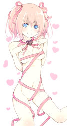 Rule 34 | 1girl, blue eyes, bow, breast bondage, breasts, candy, chocolate, chocolate heart, english text, food, groin, heart, kneeling, looking at viewer, naked ribbon, navel, patterned background, peragura, pink hair, ribbon, short hair, smile, solo, white background