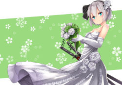 Rule 34 | 1girl, bad id, bad pixiv id, bare shoulders, blue eyes, blush, bouquet, breasts, bridal veil, bride, cherry blossoms, closed mouth, dress, elbow gloves, elusya, eyebrows, flower, formal, fringe trim, from below, from side, gloves, green flower, green rose, grey hair, hair between eyes, hair flower, hair ornament, hair ribbon, hairband, highres, katana, konpaku youmu, looking at viewer, looking down, multiple swords, ribbon, rose, scabbard, sheath, short hair, small breasts, smile, solo, strapless, strapless dress, sword, touhou, veil, weapon, wedding dress, white dress, white flower, white gloves, white rose