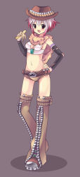 Rule 34 | 1girl, bad id, bad pixiv id, banana, belt, blush, boots, breasts, brown eyes, brown thighhighs, cleavage, cowboy hat, cowboy western, crop top, detached sleeves, food, fruit, full body, gradient hair, grey background, hand on own hip, hat, holding, holding food, holding fruit, medium breasts, midriff, multicolored hair, navel, official alternate costume, pascal (tales), red hair, short shorts, shorts, simple background, smile, solo, standing, tales of (series), tales of graces, teu (navy), thigh boots, thighhighs, white hair