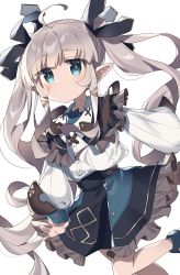 Rule 34 | 1girl, ahoge, black ribbon, black skirt, blue eyes, blush, closed mouth, collared shirt, commentary request, feet out of frame, frilled skirt, frills, grey hair, hair ornament, hair ribbon, highres, long hair, long sleeves, original, pointy ears, puffy long sleeves, puffy sleeves, ribbon, shirt, sidelocks, simple background, skirt, solo, twintails, very long hair, wagashi928, white background, white shirt, x hair ornament