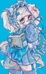 Rule 34 | 1boy, absurdres, animal ears, award ribbon, backpack, bag, bandaid, bandaid on face, bandaid on nose, bandaid on wrist, blue background, blue eyes, blue ribbon, blue theme, cat ears, elbow pads, garter straps, highres, looking back, male focus, original, ribbon, solo, striped ribbon, thighhighs, tira 27, trap, twintails, white hair