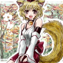 Rule 34 | 1girl, :d, alternate hair color, animal ears, bare shoulders, bell, neck bell, blonde hair, bridal gauntlets, collar, detached sleeves, fang, female focus, hat, inubashiri momiji, nanashii (soregasisan), open mouth, red eyes, short hair, smile, solo, tail, tokin hat, touhou, wolf ears, wolf tail
