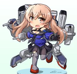 Rule 34 | 1girl, armored boots, black gloves, black neckerchief, black skirt, blue shirt, blush, boots, breasts, chibi, cleavage, commentary, full body, gloves, holding, johnston (kancolle), kantai collection, leg up, light brown hair, long hair, medium breasts, neckerchief, open mouth, rigging, sailor collar, school uniform, serafuku, shirt, signature, single glove, skirt, solo, thigh boots, thighhighs, twitter username, two side up, ver norma2, very long hair