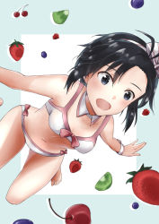 Rule 34 | 1girl, :d, barefoot, bikini, black eyes, black hair, bow, breasts, collarbone, detached collar, hair between eyes, hair bow, hairband, highres, idolmaster, idolmaster (classic), kikuchi makoto, leg up, mogskg, navel, open mouth, outstretched arms, red bow, short hair, small breasts, smile, solo, striped, striped bow, swimsuit, white bikini, wing collar, wrist cuffs