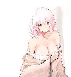 Rule 34 | 1girl, absurdres, alternate costume, azur lane, blanket, blanket over midsection, breasts, cleavage, commentary request, hair between eyes, highres, large breasts, looking at viewer, red eyes, short hair, simple background, sirius (azur lane), solo, white background, white hair, yagoro kusuriya