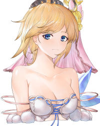 Rule 34 | 1girl, absurdres, bad id, bad pixiv id, bare shoulders, blonde hair, blue eyes, bouzuuuuu, breasts, cleavage, collarbone, europa (granblue fantasy), flower, granblue fantasy, hair flower, hair ornament, highres, looking at viewer, medium breasts, short hair, simple background, smile, solo, swimsuit, tiara, white background, wings