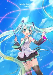 Rule 34 | 1girl, :d, ahoge, bare shoulders, black hair, black skirt, black thighhighs, blue sky, blush, breasts, character name, cloud, commentary request, dated, day, detached sleeves, dutch angle, green eyes, green hair, green necktie, hair between eyes, hair ornament, happy birthday, hatsune miku, head tilt, holding, jin young-in, long hair, long sleeves, looking at viewer, necktie, open mouth, outdoors, pleated skirt, round teeth, shirt, signature, skindentation, skirt, sky, sleeveless, sleeveless shirt, small breasts, smile, solo, tears, teeth, thighhighs, tie clip, twintails, upper teeth only, very long hair, vocaloid, white shirt, wide sleeves