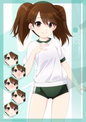 Rule 34 | 1girl, alternate costume, artist name, brown eyes, brown hair, buruma, character name, commentary request, cowboy shot, expressions, green buruma, gym shirt, gym uniform, hand on own chest, highres, inaba shiki, kantai collection, long hair, looking at viewer, ryuujou (kancolle), shirt, smile, solo, t-shirt, white shirt