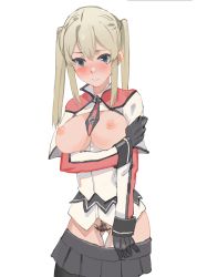 Rule 34 | 10s, 1girl, bad id, bad pixiv id, black gloves, blonde hair, blue eyes, blush, breasts, cleavage, clothes pull, female pubic hair, gloves, gluteal fold, graf zeppelin (kancolle), ikz97, kantai collection, large breasts, miniskirt, mismatched pubic hair, necktie, nipples, open clothes, pantyhose, pleated skirt, pubic hair, simple background, skirt, skirt pull, solo, twintails, white background
