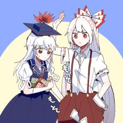 Rule 34 | 2girls, baggy pants, beige shirt, blue dress, blue hair, bow, breasts, buttons, cleavage, collared dress, collared shirt, dress, fujiwara no mokou, hair bow, hat, hime cut, itomugi-kun, kamishirasawa keine, long hair, long sleeves, multicolored hair, multiple girls, neckerchief, ofuda, ofuda on clothes, pants, puffy short sleeves, puffy sleeves, red eyes, red neckerchief, red pants, shirt, short sleeves, sidelocks, skirt, suspenders, tokin hat, torn clothes, torn sleeves, touhou, two-tone hair, very long hair, white bow, white hair, white shirt, white skirt, wrist cuffs
