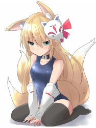 Rule 34 | 1girl, animal ears, aqua eyes, black thighhighs, blonde hair, blush, collar, detached sleeves, fox ears, fox tail, highres, kuromu (underporno), mask, mask on head, multiple tails, one-piece swimsuit, original, school swimsuit, sitting, solo, swimsuit, tail, thighhighs, v arms, wariza, white background
