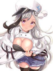 Rule 34 | 1girl, azur lane, belt, black hair, black thighhighs, blue skirt, blush, breasts, brown belt, cleavage, cloak, commentary, commission, cowboy shot, fur-trimmed cloak, fur trim, gatchapowa, hat, jacket, leaning forward, long hair, looking at viewer, medium breasts, minsk (azur lane), multicolored hair, nipples, pleated skirt, pom pom (clothes), pulling own clothes, purple eyes, sidelocks, silver hair, simple background, skindentation, skirt, smile, solo, standing, streaked hair, swept bangs, thighhighs, very long hair, white background, white cloak, white jacket, zettai ryouiki