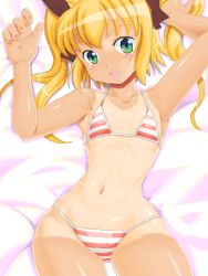 Rule 34 | 10s, 1girl, :d, armpits, arms up, bikini, blonde hair, blush, breasts, flat chest, green eyes, hip focus, kaitou tenshi twin angel, long hair, looking at viewer, lying, minazuki haruka (twin angel), navel, on back, one-piece tan, open mouth, shiny skin, small breasts, smile, solo, striped bikini, striped clothes, swimsuit, tan, tanline, twin angel, twintails, wide hips, zouzou