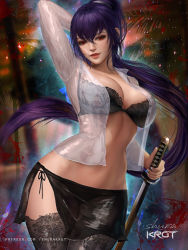 Rule 34 | 1girl, black bra, bra, busujima saeko, highschool of the dead, miniskirt, purple hair, shurakrgt, side slit, skirt, sword, thighhighs, underwear, weapon