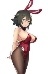 Rule 34 | 1girl, animal ears, aqua eyes, arms behind back, badge, bare shoulders, black hair, bow, bowtie, breasts, brown pantyhose, button badge, cleavage, detached collar, fake animal ears, hair between eyes, hairband, highres, houtengeki, large breasts, leotard, original, pantyhose, playboy bunny, rabbit ears, short hair, simple background, solo, thighs, white background, wrist cuffs