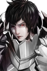 Rule 34 | 1boy, armor, bad id, bad pixiv id, black hair, commentary request, copyright request, highres, looking at viewer, male focus, pauldrons, plate armor, red eyes, scar, shoulder armor, simple background, solo, soya (torga), upper body, white background