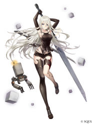 Rule 34 | 1girl, absurdres, armpits, arms behind head, arms up, black gloves, black shorts, black tank top, black thighhighs, blue eyes, breasts, elbow gloves, fighting stance, full body, gloves, grey hair, highres, holding, huge weapon, ji no, joints, knees together feet apart, legs, long hair, midriff, nier (series), nier:automata, official art, pod (nier:automata), robot joints, shoes, short shorts, shorts, simple background, single thighhigh, sinoalice, solo, standing, standing on one leg, sword, tank top, thigh gap, thighhighs, toeless footwear, toes, weapon, white background, a2 (nier:automata)