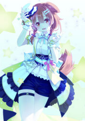 Rule 34 | 1girl, 54hao, animal ears, arm up, blue bow, blue shorts, bone hair ornament, bow, braid, brown eyes, brown hair, cartoon bone, collared shirt, dog ears, dog girl, dog tail, dress shirt, frilled jacket, frills, grey background, hair bow, hair ornament, hair over shoulder, highres, hololive, inugami korone, jacket, low twintails, open clothes, open jacket, puffy short sleeves, puffy sleeves, shirt, short shorts, short sleeves, shorts, solo, star (symbol), starry background, tail, thigh strap, tilted headwear, twin braids, twintails, virtual youtuber, white headwear, white jacket, white shirt, wrist cuffs