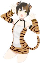 Rule 34 | 1girl, nanashi inc., :d, akitetsu, animal ears, animal print, black hair, breasts, brown hair, chinese zodiac, claw pose, cowboy shot, cropped legs, demon horns, detached sleeves, fang, grey hair, halterneck, horns, looking at viewer, medium breasts, mikeneko nanashi, multicolored hair, open mouth, print shorts, print sleeves, short hair, short shorts, shorts, simple background, skin fang, smile, solo, tail, tiger ears, tiger print, tiger tail, transparent background, virtual youtuber, year of the tiger, yellow eyes