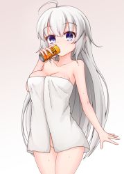 Rule 34 | 1girl, aatsu, ahoge, bare arms, bare shoulders, blue eyes, breasts, brown background, can, canned coffee, cleavage, collarbone, commentary, drink can, georgia max coffee, gradient background, groin, hair between eyes, hand up, holding, holding can, kizuna akari, large breasts, long hair, looking at viewer, naked towel, simple background, solo, towel, very long hair, voiceroid, wet, white background, white hair