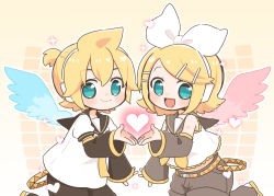 Rule 34 | 1boy, 1girl, angel wings, aqua eyes, arm warmers, bare shoulders, black collar, black shorts, blonde hair, blue wings, bow, chibi, collar, commentary, crop top, grey collar, grey shorts, hair bow, hair ornament, hairclip, headphones, heart, holding, kagamine len, kagamine rin, looking at viewer, nail polish, najo, neckerchief, necktie, open mouth, red wings, sailor collar, school uniform, shirt, short hair, short ponytail, short shorts, short sleeves, shorts, shoulder tattoo, sleeveless, sleeveless shirt, smile, spiked hair, swept bangs, symmetry, tattoo, upper body, vocaloid, white bow, white shirt, wings, yellow background, yellow nails, yellow neckerchief