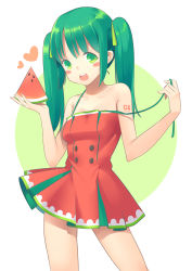 Rule 34 | 1girl, blush, blush stickers, chiiio, dress, food, fruit, green eyes, green hair, hatsune miku, heart, long hair, matching hair/eyes, open mouth, simple background, solo, twintails, vocaloid, watermelon
