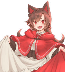 Rule 34 | 1girl, animal ears, blush, brown hair, cape, dress, highres, imaizumi kagerou, long hair, long sleeves, looking at viewer, open mouth, red cape, red eyes, simple background, skirt, smile, solo, tamahana, touhou, wide sleeves, wolf ears