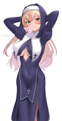 Rule 34 | 1girl, absurdres, alternate costume, arms behind head, black dress, blonde hair, blush, breasts, closed mouth, commentary request, covered navel, dress, fang, green eyes, highres, hololive, long hair, long sleeves, looking at viewer, medium breasts, momosuzu nene, nun, simple background, skin fang, smile, solo, suicabar72, twitter username, underboob, virtual youtuber, white background