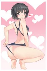 Rule 34 | 1girl, amagami, ass, back, bad id, bad pixiv id, barefoot, black eyes, black hair, blush, butt crack, closed mouth, clothes lift, commentary, feet, from behind, full body, heart, heart background, highres, lifted by self, looking at viewer, looking back, nanasaki ai, short hair, simple background, smile, soles, solo, spoken heart, squatting, sweatdrop, swimsuit lift, wedgie, wet, white background, yoi naosuke