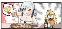 Rule 34 | 2girls, ahoge, blonde hair, blush, breasts, cleavage, commentary, drooling, english commentary, food, fruit, girls&#039; frontline, hair ribbon, headband, heart, holding, holding food, holding pizza, hungry, junsuina fujunbutsu, large breasts, long hair, multiple girls, open mouth, pineapple, pizza, red eyes, ribbon, s.a.t.8 (girls&#039; frontline), silver hair, spas-12 (girls&#039; frontline)