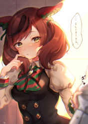 1girl absurdres animal_ears black_dress blush bow bowtie brown_hair buttons chan_hone_pkpk dress highres horse_ears horse_girl huge_filesize juliet_sleeves long_sleeves medium_hair multicolored_hair nice_nature_(umamusume) puffy_sleeves red_hair solo_focus speech_bubble streaked_hair striped_bow striped_bowtie striped_clothes striped_neckwear translation_request umamusume upper_body yellow_eyes