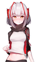 Rule 34 | 1girl, absurdres, antennae, arknights, beudelb, black jacket, black scarf, clothes lift, demon horns, grey hair, highres, horns, jacket, licking lips, open clothes, open jacket, orange eyes, red horns, scarf, shirt, shirt lift, simple background, smile, solo, stomach, tongue, tongue out, w (arknights), white shirt