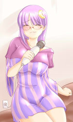 Rule 34 | :3, alternate costume, bespectacled, blush, breasts, closed eyes, contemporary, crescent, dress, electrical outlet, electrical outlet, glasses, hair ornament, hairclip, hitachi magic wand, large breasts, long hair, patchouli knowledge, purple hair, reizou, sex toy, short dress, sitting, smile, solo, striped, touhou, vertical stripes, vibrator