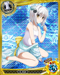 Rule 34 | 10s, 1girl, arm support, barefoot, breasts, card (medium), cat hair ornament, character name, chess piece, collarbone, covered erect nipples, eyebrows, hair ornament, high school dxd, high school dxd born, japanese clothes, kimono, kneeling, looking at viewer, official art, one-piece swimsuit, rook (chess), school swimsuit, short hair, silver hair, small breasts, solo, swimsuit, toujou koneko, trading card, white one-piece swimsuit, white school swimsuit, yellow eyes