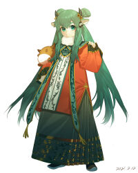 Rule 34 | 1girl, 2021, absurdres, animal ears, chinese clothes, chinese text, chinese zodiac, closed mouth, dated, doll, full body, green eyes, green hair, hair ornament, hanfu, highres, holding, horns, long hair, long sleeves, looking at viewer, muyi zi, original, ox ears, ox girl, ox horns, short eyebrows, simple background, smile, solo, standing, stuffed toy, thick eyebrows, translation request, twintails, very long hair, white background, year of the ox, yunjian