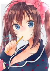 Rule 34 | 1girl, ahoge, blue eyes, blue pajamas, blush, breasts, brown hair, brushing teeth, cleavage, collarbone, commentary request, copyright name, cup, hairband, heart, heart print, hime (peke (xoxopeke)), holding, holding cup, long hair, looking at viewer, medium breasts, mug, original, pajamas, peke (xoxopeke), pink hairband, sidelocks, solo, toothbrush, toothpaste, twintails, twitter username, upper body