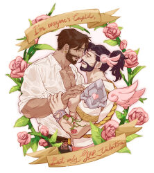 Rule 34 | 2boys, ancient greek clothes, bara, bare pectorals, beard, black hair, cassidy (overwatch), chest hair, collared shirt, couple, cropped legs, cupid, cupid hanzo, dark-skinned male, dark skin, earrings, eye contact, facial hair, floral background, flower tattoo, from side, greco-roman clothes, hand on another&#039;s chest, hanzo (overwatch), heart, heart earrings, high ponytail, interracial, jewelry, large pectorals, looking at another, magical boy, male focus, mature male, minghii, multiple boys, muscular, muscular male, nipples, official alternate costume, overwatch, overwatch 2, partially unbuttoned, pectoral cleavage, pectorals, pink wings, puffy nipples, shirt, short hair, smile, tattoo, tiara, valentine, wings, yaoi